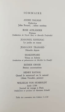 Le nouveau Commerce. Cahier 64. Printemps 1986.. DALMAS (André). AUSLANDER (Rose). SAVIGNAC (Jean-Paul). TRASSARD (Jean-Loup). SHAKESPEARE. ORNER ...