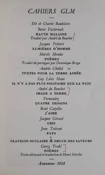 Cahiers GLM: automne 1954. . PASTERNAK (Boris). PREVERT (Jacques). MANDES (Murilo). CHEDID (Andrée). LEVIS MANO (Guy). FERNANDEZ. DU BOUCHET (André). ...