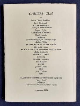 Cahiers GLM: automne 1954. . PASTERNAK (Boris). PREVERT (Jacques). MANDES (Murilo). CHEDID (Andrée). LEVIS MANO (Guy). FERNANDEZ. DU BOUCHET (André). ...