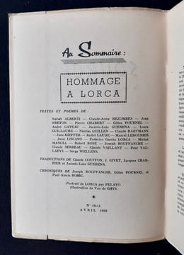 Sources. La revue de la jeune poésie, avril 1958, n°10-11. Hommage à Lorca. . GARCIA LORCA (Federico). ALBERTI (Rafaël). MANOLL (Michel). BRETON ...
