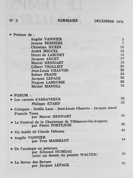 Le Temps parallèle, revue de création poétique, n°3, décembre 1974. . VANNIER (Angèle). HUBIN (Christian). LESCOET (Henri de). MANOLL (Michel). HUMEAU ...