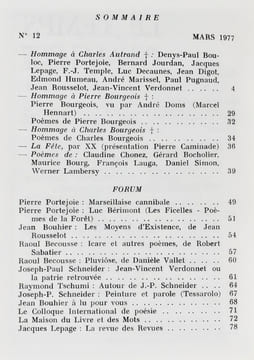 Le Temps parallèle, revue de création poétique, n°12, mars 1977. . AUTRAND (Charles). BOURGEOIS (Pierre). BOURGEOIS (Charles). BOCHOLIER (Gérard). ...