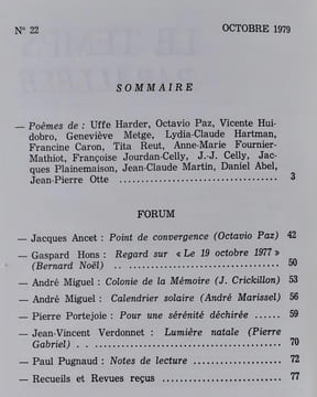 Le Temps parallèle, revue de création poétique, n°22, octobre 1979. . HARDER (Uffe). PAZ (Octavio). HUIDOBRO (Vicente). METGE (Geneviève). REUT ...
