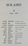 Solaire. Revue trimestrielle de poésie. N°8, février 1975.  par ALEIXANDRE (Vicente). AMY (Bernard). BOURGEOIS (Charles). DUBOURG (Sabine). HENNART (Marcel). JOUANARD (Gil). LEVEQUE (Alain). FLEURY (Albert). GEAY (Jean-Pierre). DAILLIE (René). - Image 2