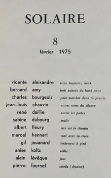 Solaire. Revue trimestrielle de poésie. N°8, février 1975. . ALEIXANDRE (Vicente). AMY (Bernard). BOURGEOIS (Charles). DUBOURG (Sabine). HENNART ...