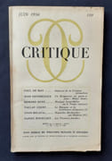 Critique. Revue générale des publications françaises et étrangères. N°109, juin 1956. par BELAVAL (Yvon). DE MAN (Paul). DEUBERGUE (Jean). DUNE (Edmond). CERNY (Vaclav). BOURCART (Daniel). 