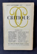 Critique. Revue générale des publications françaises et étrangères. N°123-124, août-septembre 1957. par BATAILLE (Georges). NADEAU (Maurice). DUVIGNAUD (Jean). HESSEL (Stéphane). ROUSSEAU (Hervé). PICON (Gaëtan). 