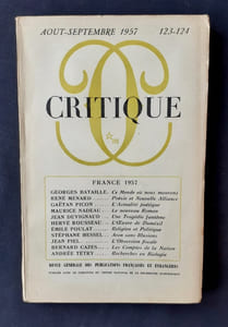 Critique. Revue générale des publications françaises et étrangères. N°123-124, août-septembre 1957.