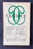 Critique. Revue g&eacute;n&eacute;rale des publications fran&ccedil;aises et &eacute;trang&egrave;res. N&deg;125, octobre 1957.. BRECHON (Robert). MAZOYER (Jean). WAINSTEIN (Lia). JUIN ...