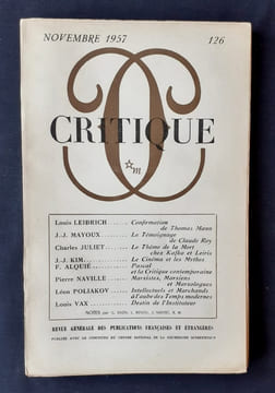 Critique. Revue générale des publications françaises et étrangères. N°126, novembre 1957.. LEIBRICH (Louis). MAYOUX (Jean-Jacques). JULIET (Charles). ...