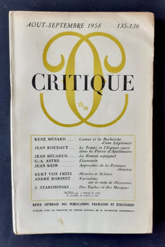 Critique. Revue générale des publications françaises et étrangères. N°135-136, août-septembre 1958.. MENARD (René). ROUDAUT (Jean). BECARUD (Jean). ...