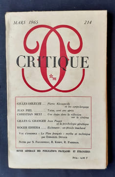 Critique. Revue générale des publications françaises et étrangères. N°214,mars 1965.. DELEUZE (Gilles). PIEL (Jean). METZ (Christian). GRANGER (Gilles ...