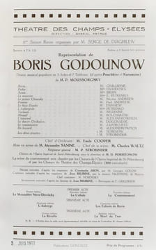 Boris Godounow. Drame musical populaire d'après Pouckine et Karamzine de M.P. Moussorgsky. Théâtre des Champs-Elysées. Saison russe 1913 organisée par ...