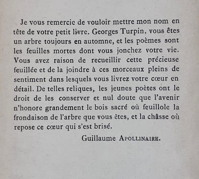 Parcelles de Cœur et Feuilles mortes. Poèmes.. TURPIN (Georges). APOLLINAIRE (Guillaume).