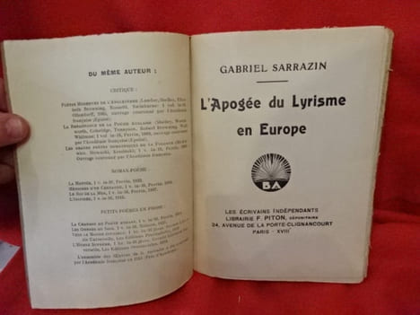 N° 031. – L’Apogée du Lyrisme en Europe. . [PHILOSOPHIE SCIENCES HUMAINES] - SARRAZIN (Gabriel)