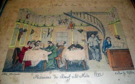 Lithographie couleurs du 18è siècle. Le Goût du jour - Restaurant du Boeuf à la Mode.. MARTINET Aaron (graveur)