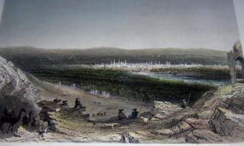 Gravure couleurs. Damascus - distant view from the mountain side.