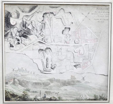 Plan et vue des abords de la Butte Montmartre à droite en sortant de la Barrierre de Clichi (sic). Concours du 15 Thermidor l’An II (2 août 1794).. ...