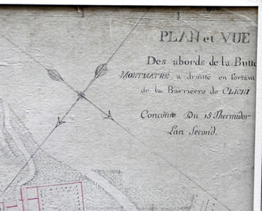 Plan et vue des abords de la Butte Montmartre à droite en sortant de la Barrierre de Clichi (sic). Concours du 15 Thermidor l’An II (2 août 1794).