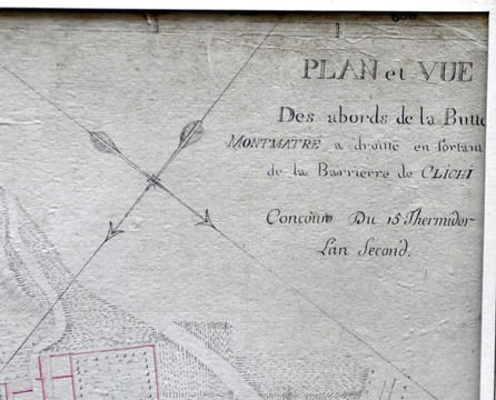 Plan et vue des abords de la Butte Montmartre à droite en sortant de la Barrierre de Clichi (sic). Concours du 15 Thermidor l’An II (2 août 1794).. ...
