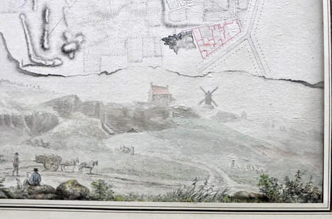 Plan et vue des abords de la Butte Montmartre à droite en sortant de la Barrierre de Clichi (sic). Concours du 15 Thermidor l’An II (2 août 1794).. ...