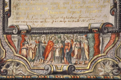 Acte de mariage enluminé sur vélin XVIIe s