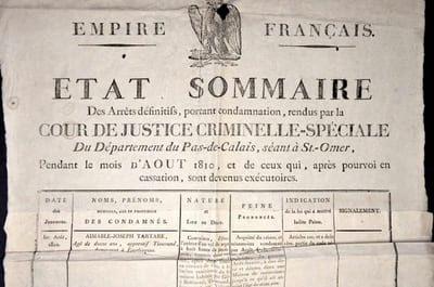 Etat Sommaire des arrêts définitifs, portant condamnation, rendus par la Cour de Justice Criminelle- Spéciale du département du Pas-de-Calais, séant à St-Omer, pendant le mois d'Aout 1810, et de ceux qui après pourvoi en cassation sont devenus exécutoires
