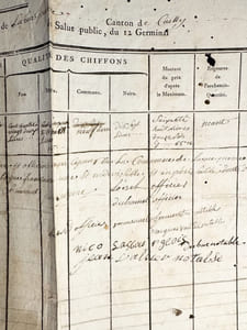 [Placard – imprimé et manuscrit] CHIFFONS, Département de la seine inferieur, districte de Rouen ; État des Chiffons rassemblés dans la Commune de la Rue Saint Pierre canton de Cailly en exécution de l’Arrêté du Comité de Salut public du 12 Germinal.   