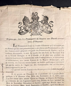 « Règles que les prisonniers de Guerre sur Parole seront tenus d’Observer. » Le document est daté et signé su 16 mars 1812 par le prisonnier français « Jean Gabriel Advil » 