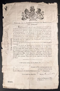 « Règles que les prisonniers de Guerre sur Parole seront tenus d’Observer. » Le document est daté et signé su 16 mars 1812 par le prisonnier français « Jean Gabriel Advil » 