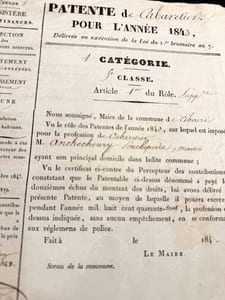 Patente de Cabaretier pour l’année 1843, Délivrée en exécution de la Loi du 1er brumaire an 7