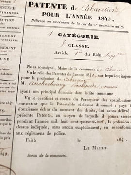 Patente de Cabaretier pour l’année 1843, Délivrée en exécution de la Loi du 1er brumaire an 7. undefined