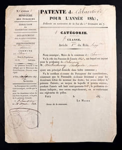 Patente de Cabaretier pour l’année 1843, Délivrée en exécution de la Loi du 1er brumaire an 7