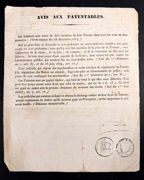 Patente de Cabaretier pour l’année 1843, Délivrée en exécution de la Loi du 1er brumaire an 7. undefined