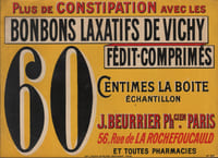 [CONSTIPATION]. Plus de Constipation avec les Bonbons Laxatifs de Vichy. Fédit-Comprimés. 60 centimes la boite. Échantillon. J. BEURRIER Pharmacien. Paris. 56 rue de La Rochefoucauld et Toutes Pharmacies.-