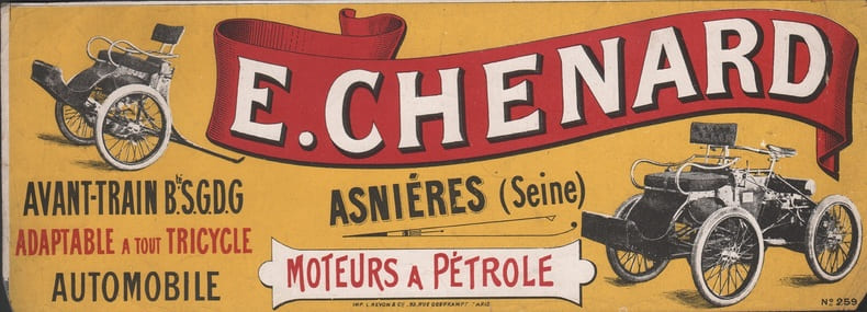 E. CHENARD Asnières (Seine). Moteurs à Pétrole. Avant-Train Bté S.G.D.G. Adaptable à tout tricycle Automobile