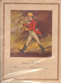 Affichette en couleurs représentant un dandy marchant d'un air décidé. Johnnie Walker born 1820 - Still going strong