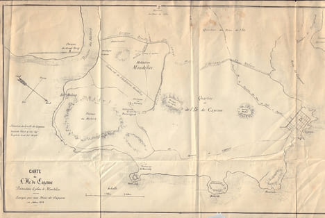 Carte de l'Ile de Cayenne Présentant le plan de Mondélice. Envoyée par nos Pères de Cayenne en Août 1862.-. CAYENNE.-