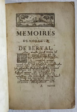 Mémoires de Monsieur de Berval.
Imprimé à Amsterdam [Paris], 1752.
. [FYOT DE LA MARCHE, Jean-Philippe (1723-1772).]