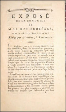 [Réunion de 3 ouvrages sur le Duc d’Orléans].
- Discours de M. Louis-Philippe-Joseph Capet, ci-devant Duc d’Orléans, Prononcé par lui-même à ...