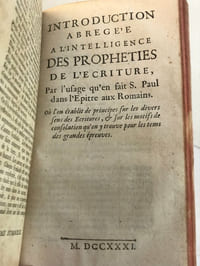 - [Jean-Baptiste Le Sesne de Ménilles d’Étemare  (1682-1770)]. Enchaînement des véritez proposées dans l’Ecriture sous le Symbole des Epouses fidèles et infidèles : et sous celui des Vases d’argile. Pour servir à l’intelligence des Prophéties et Figures de l’Ancien Testament. 1734.
- [Jean-Baptiste Le Sesne de Ménilles d’Étemare  (1682-1770)]. Histoire de la Religion représentée dans l’Ecriture sainte sous divers symboles. Bruxelles, Stryckwant, 1727. Marque à la sphère au titre.
- [Abbé Jean-Baptiste de Beccarie de Pavie Fourquevaux (1693-1768)]. Introduction abrégée à l’intelligence des Prophéties de l’Ecriture, par l’usage qu’en fait S. Paul dans l’Epitre aux Romains : où l’on établit de principes sur les divers sens des Ecritures, et sur les motifs de consolation qu’on y trouve pour les tems des grandes épreuves. 1731. 
