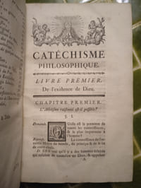 Catéchisme philosophique, ou Recueil d’observations propres à défendre la religion chrétienne contre ses ennemis. Ouvrage utile à ceux qui cherchent à se garantir de la contagion de l’Incrédulité moderne, & sur-tout aux Ecclésiastiques chargés de conserver le précieux dépôt de la Foi. Liège, Chez J. F. Bassompierre et Bruxelles, Chez J. Van Den Berghen, 1773.