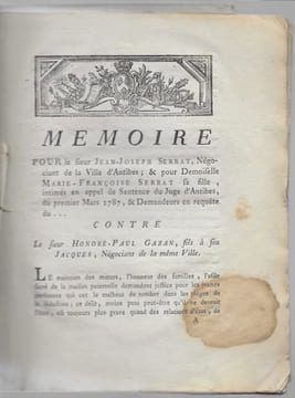 Mémoire pour le sieur Serrat de la ville d'Antibes … du 1er mars 1787 …. Mémoire