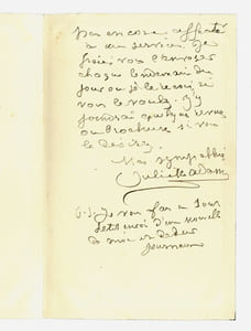 1836 - 1936. femme de lettres, elle tint un salon célèbre, haut lieu de l’antidreyfusisme. L.A.S. datée 17 décembre 1916.