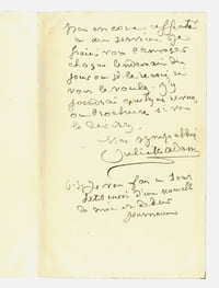 1836 - 1936. femme de lettres, elle tint un salon célèbre, haut lieu de l’antidreyfusisme. L.A.S. datée 17 décembre 1916.