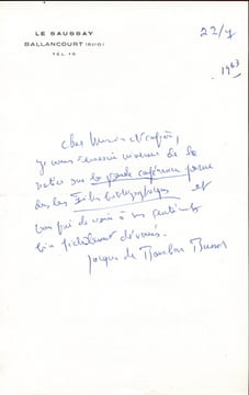 1912 - 2001. Écrivain, Grand prix du roman de l’Académie française. Académicien en 1981. L.A.S. datée 22 juillet 1963.. BOURBON-BUSSET Jacques de