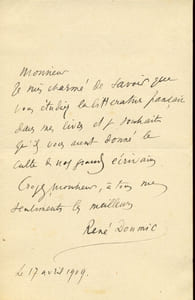 1860 - 1937. Critique littéraire. L.A.S. datée 17 avril 1909.