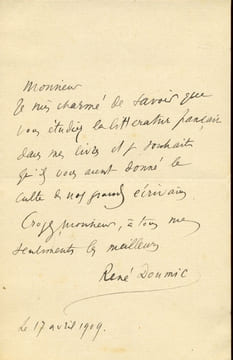 1860 - 1937. Critique littéraire. L.A.S. datée 17 avril 1909.. DOUMIC René