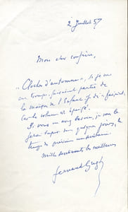 1873 - 1960. Poète; Académie française en 1953. L.A.S. datée 2 juillet 1959
