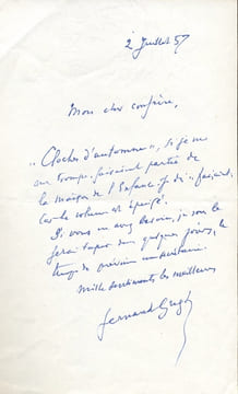 1873 - 1960. Poète; Académie française en 1953. L.A.S. datée 2 juillet 1959. GREGH Fernand